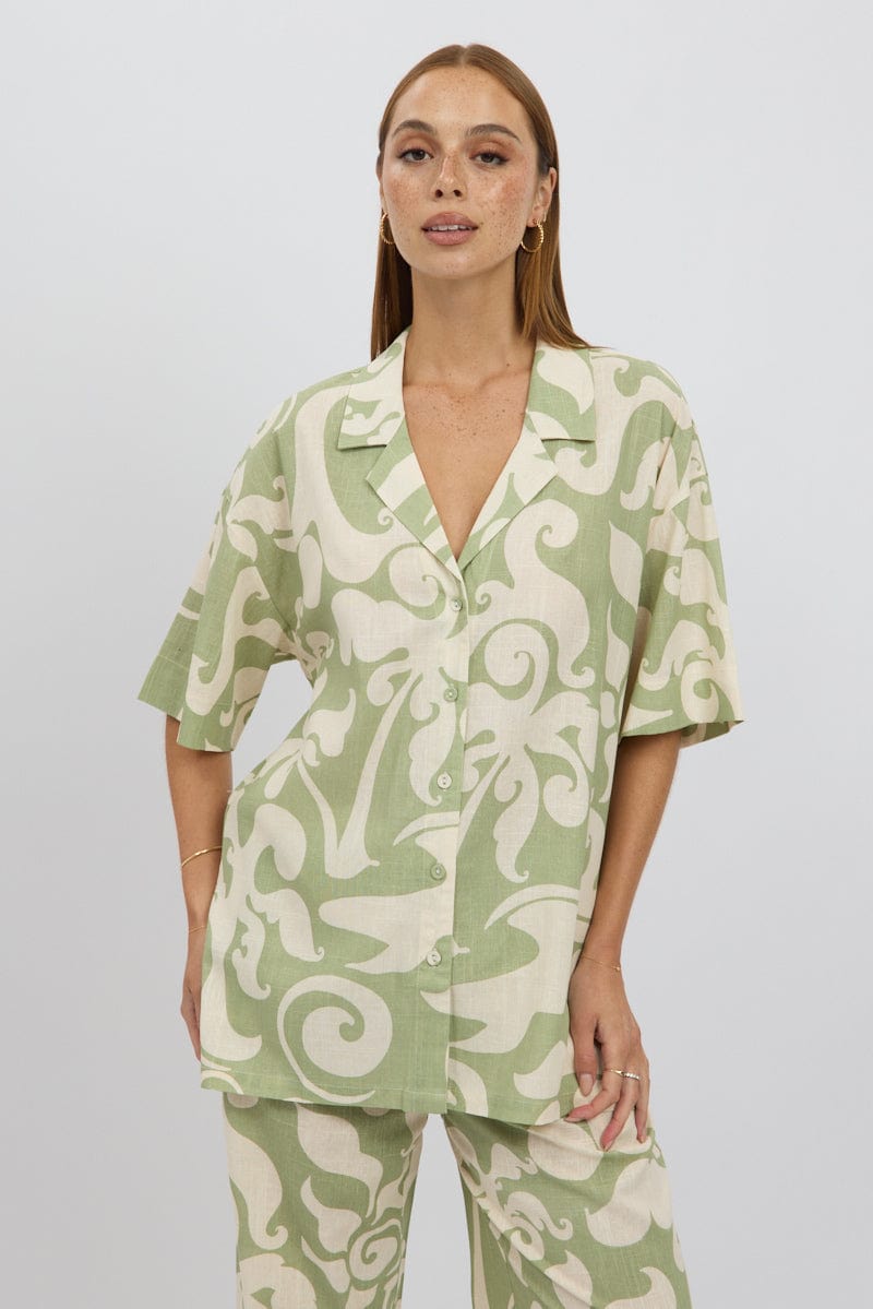 Green Abstract Relaxed Shirt Short Sleeve Linen Blend