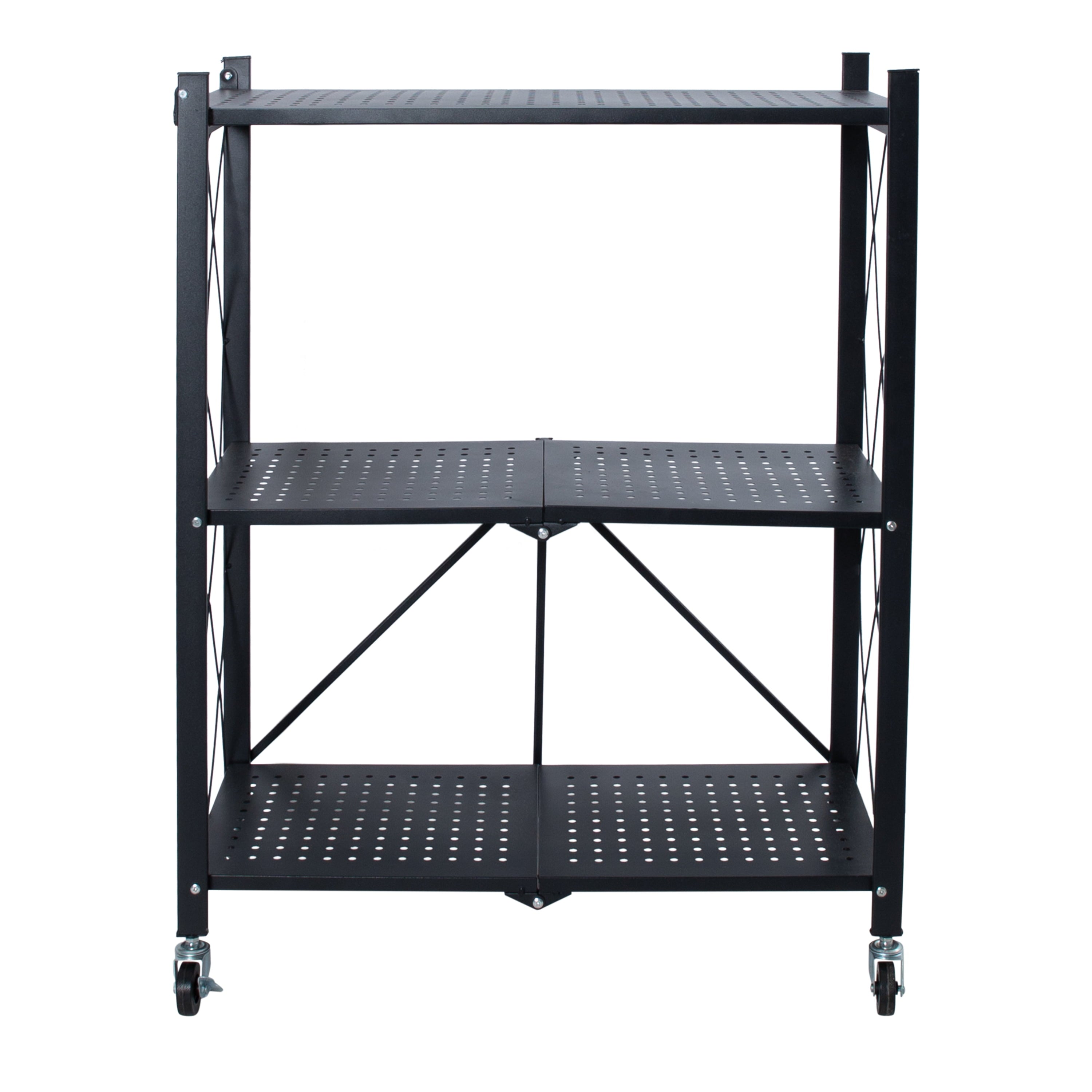 Organize It All 3 Tier Foldable Metal Storage Shelves Rack with Wheels in Black