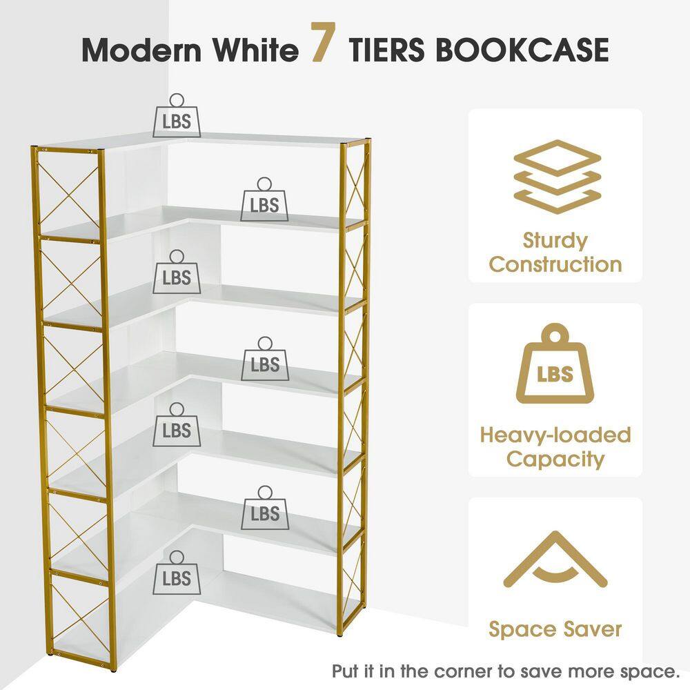 Angel Sar 37.40 in. Wide Golden and White Wood 7-Tier L-Shaped Bookcase Corner Bookcase with Metal Frame AD000273