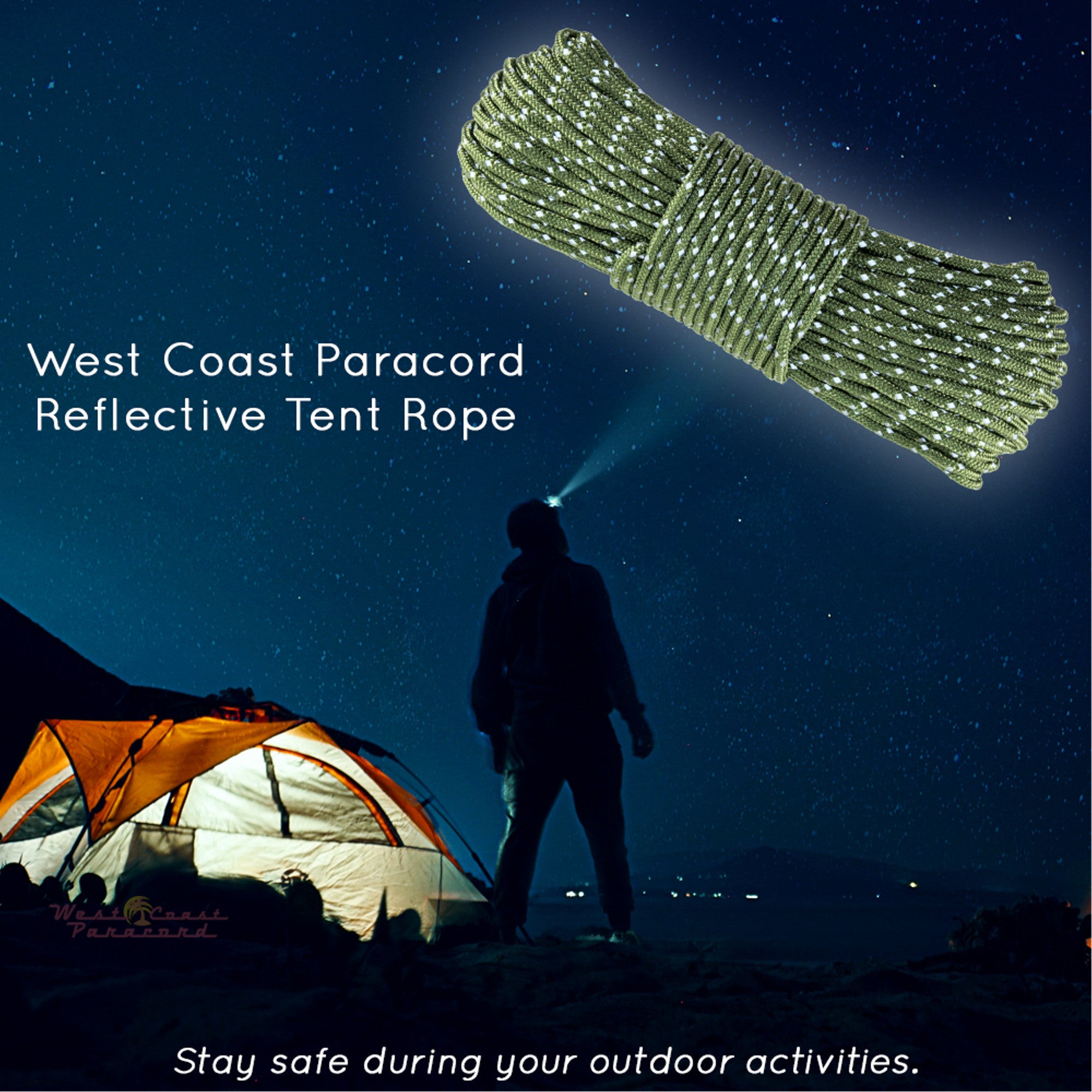 West Coast Paracord Reflective Tent Guyline Nylon Cord Rope for Outdoor Camping, Tent 50 Feet