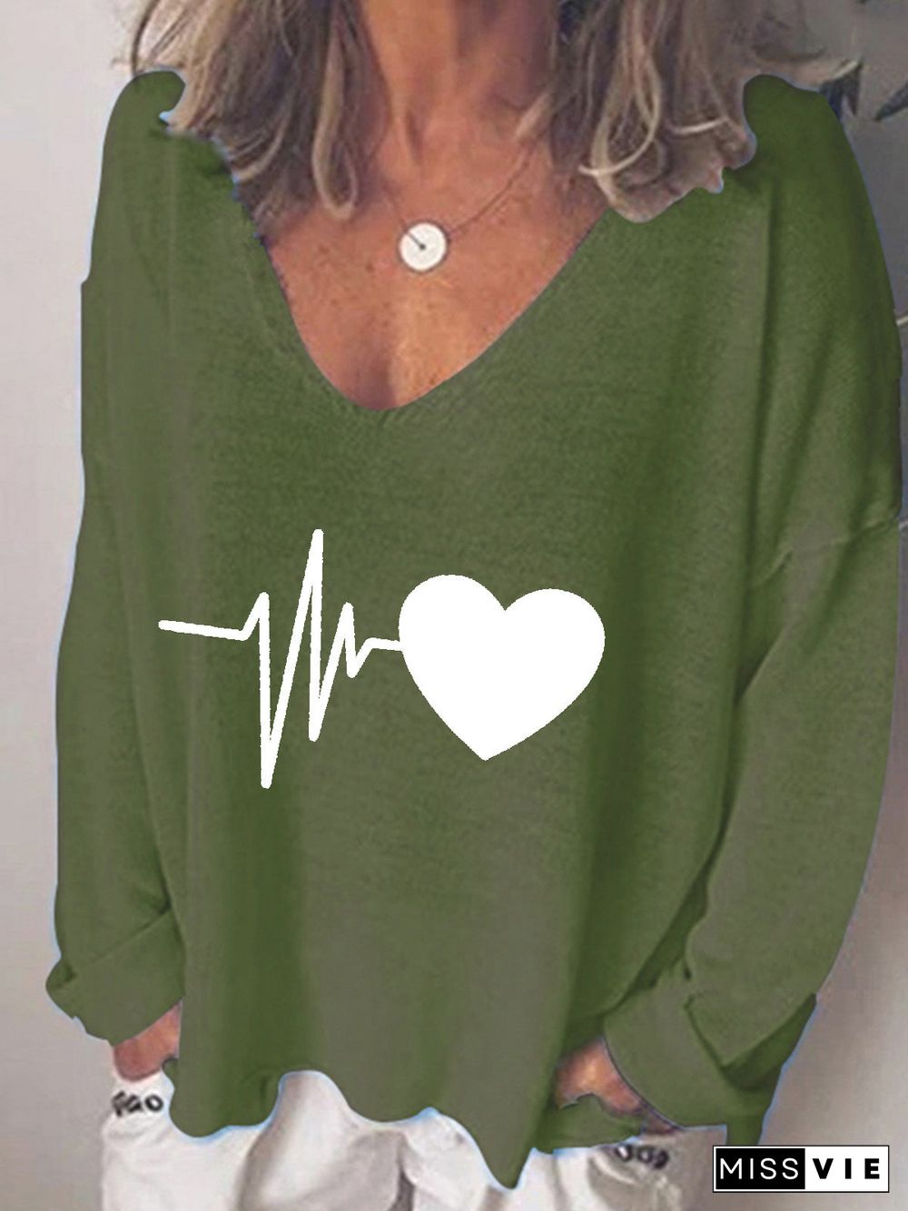 Women'S T-Shirts Heartbeat Print V-Neck Long Sleeve T-Shirt