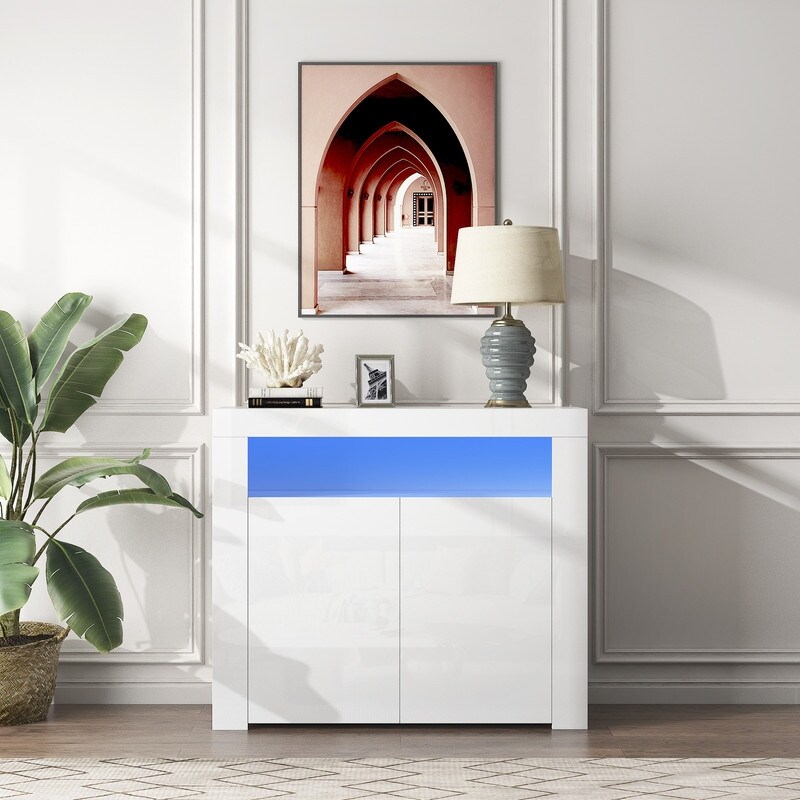 LED Light 2 Doors TV Stand  Modern Sideboard Storage Cabinet