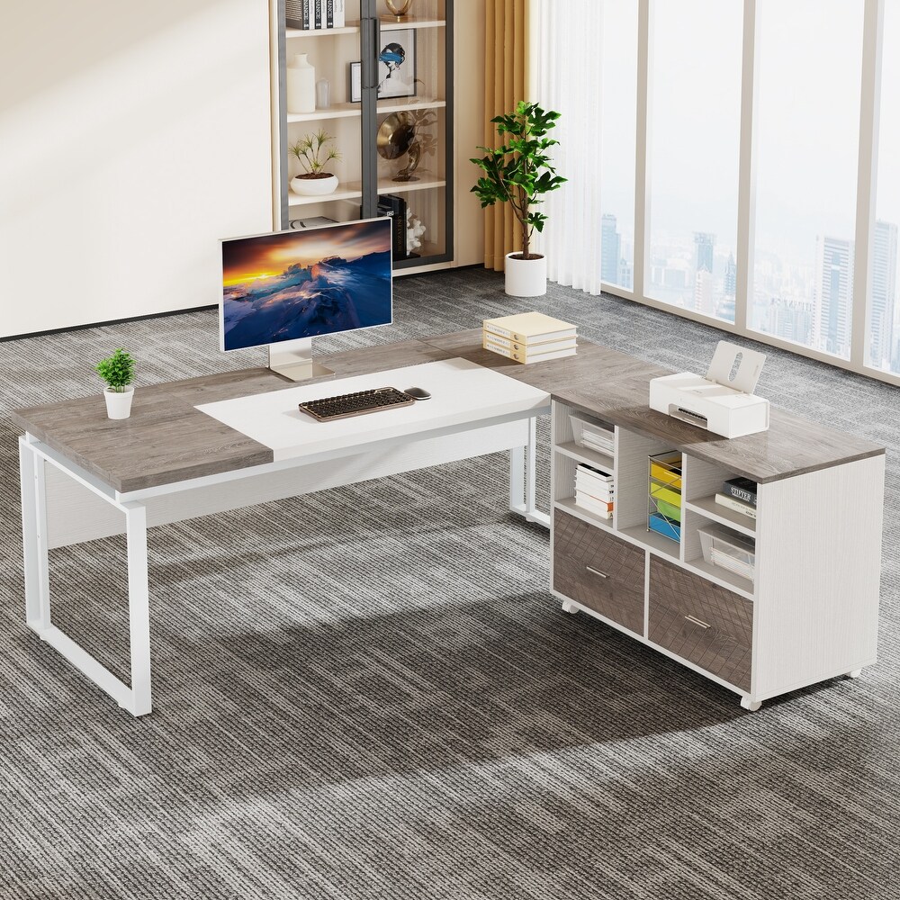 L Shaped Executive Desk with Reversible File Cabinet 63\