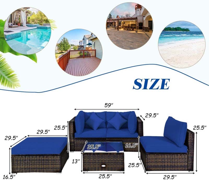 5 Pcs Outdoor Patio Rattan Furniture Sectional Sofa Set Wicker Conversation Set with Cushions