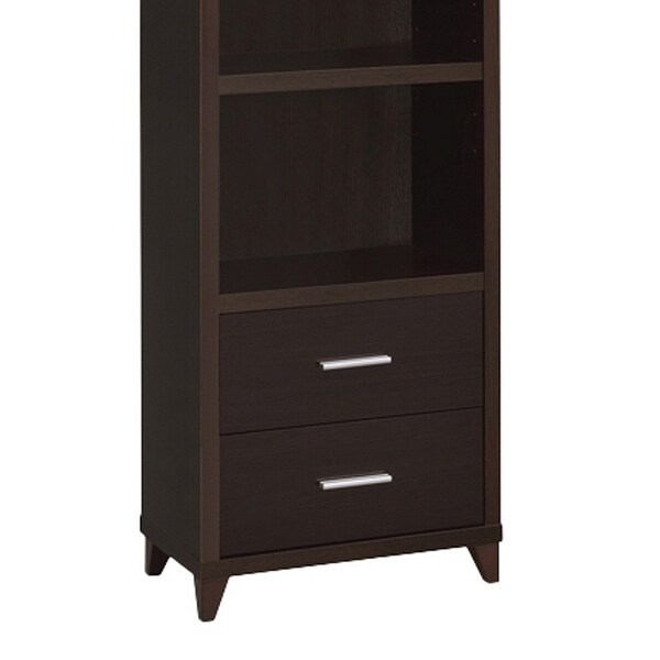 3 Shelf Wooden Media Tower with 2 Drawers， Dark Brown