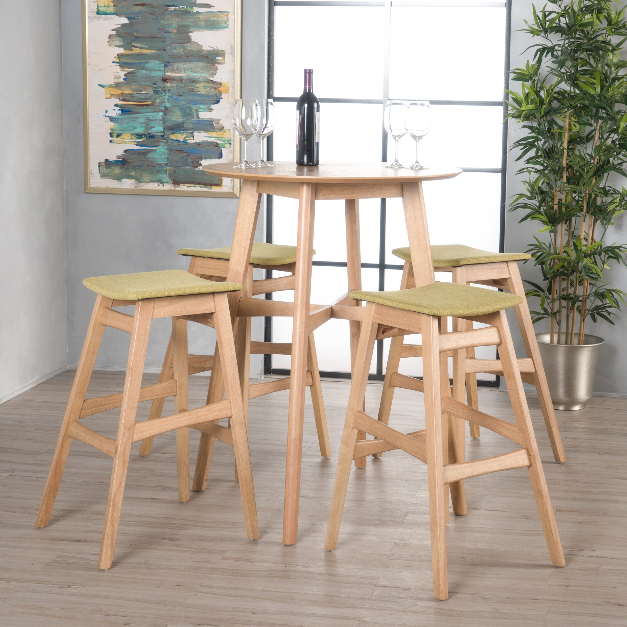 Simi Natural Oak Finish Circular 5 Piece Bar Height Dining Set