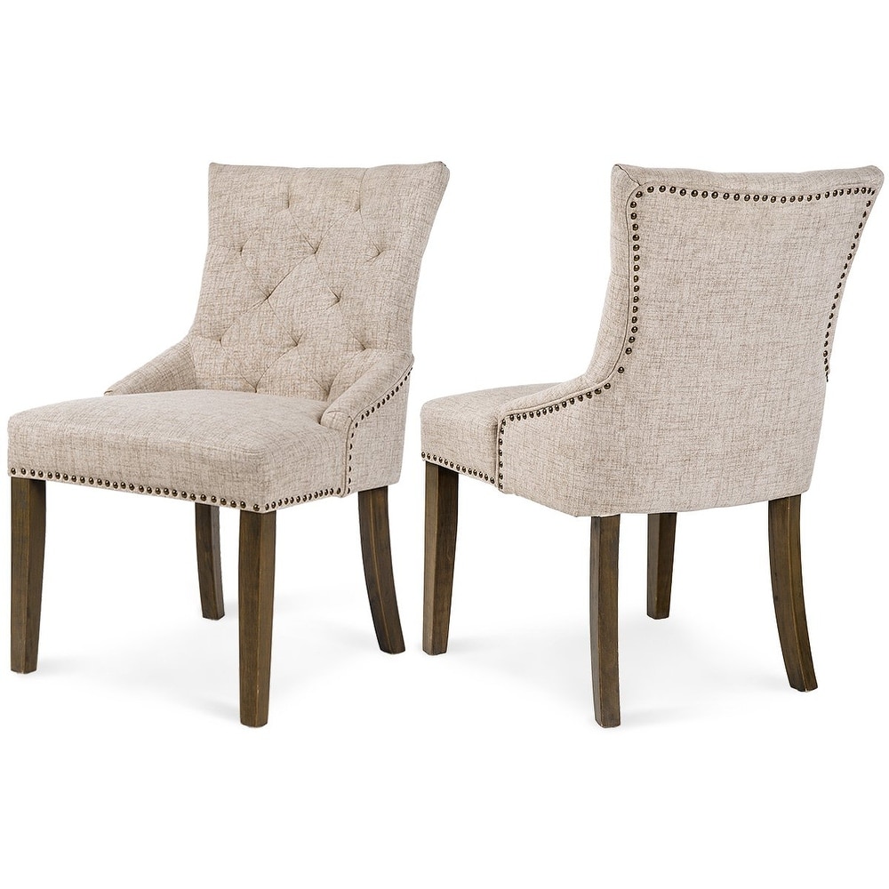 Tufted High Back Padded Chairs Dining Chair Set with Armrest(Set of 2)  Beige