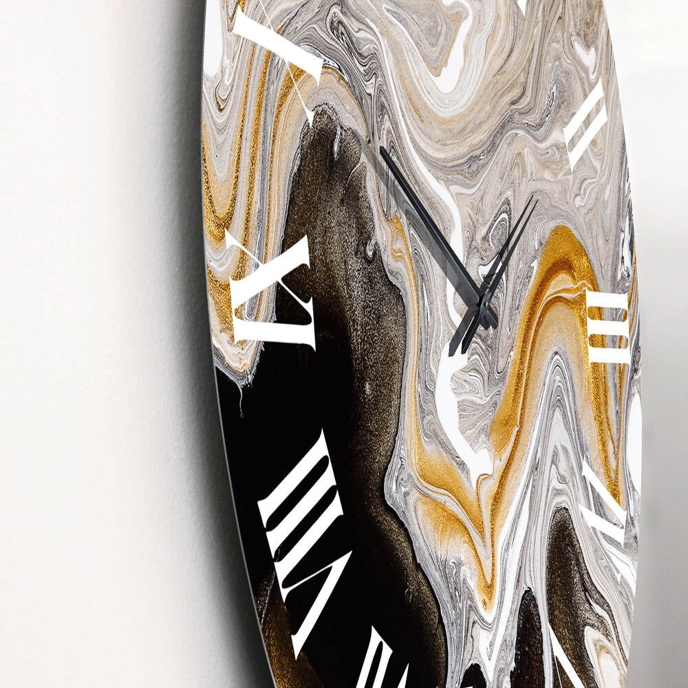 Designart 'Black And White Liquid Marble Waves IV' Modern wall clock