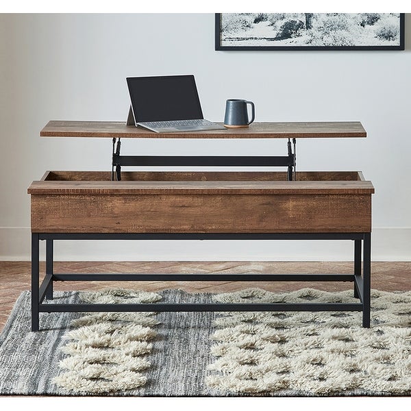 Lift Top Coffee Table with Hidden Storage in Brown Oak and Sandy Black