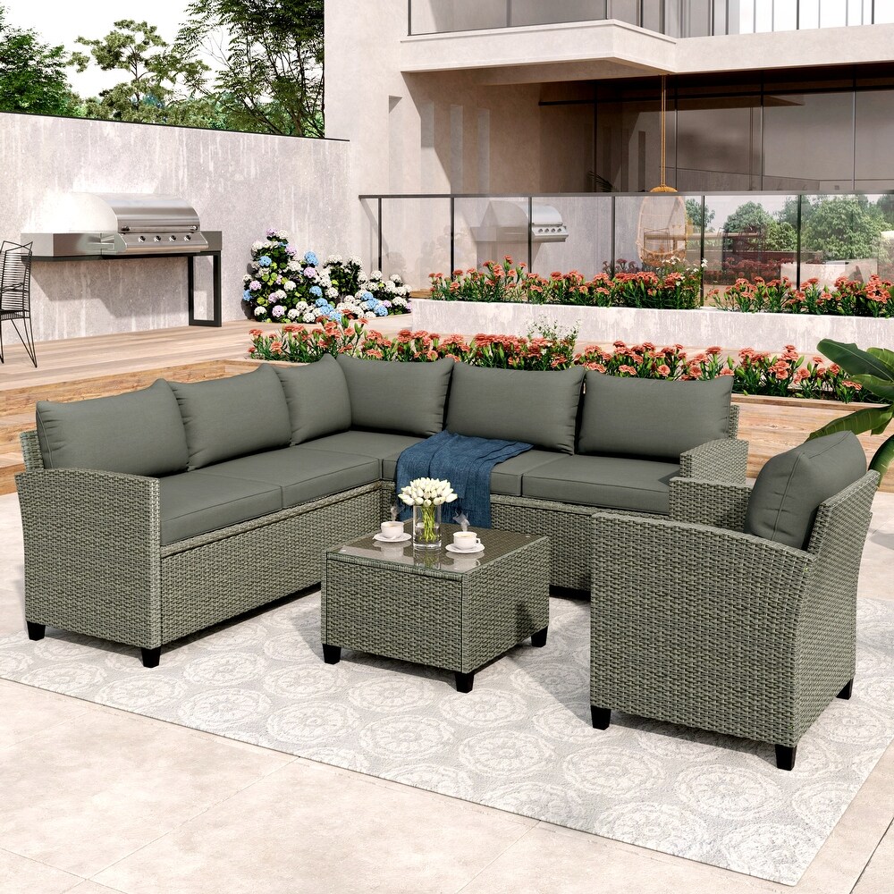 5 Piece Patio Outdoor Conversation Set with Coffee Table  Cushions and Single Chair