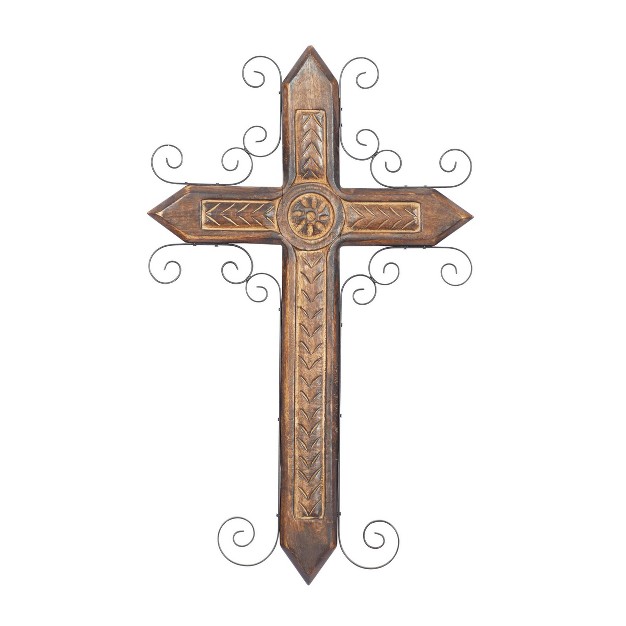 Mango Wood Biblical Carved Cross Wall Decor With Metal Scrollwork Brown Olivia amp May