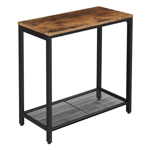 Industrial Wood and Metal Side Table with Open Mesh Shelf， Brown and Black - 23.6 H x 23.6 W x 11.8 L Inches