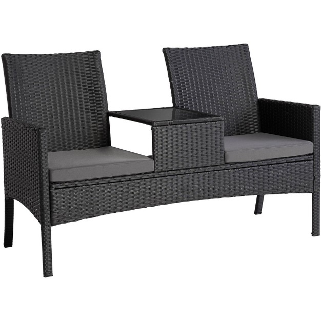 Teal Island Designs Pete Black Metal And Rattan Double Chair With Center Table