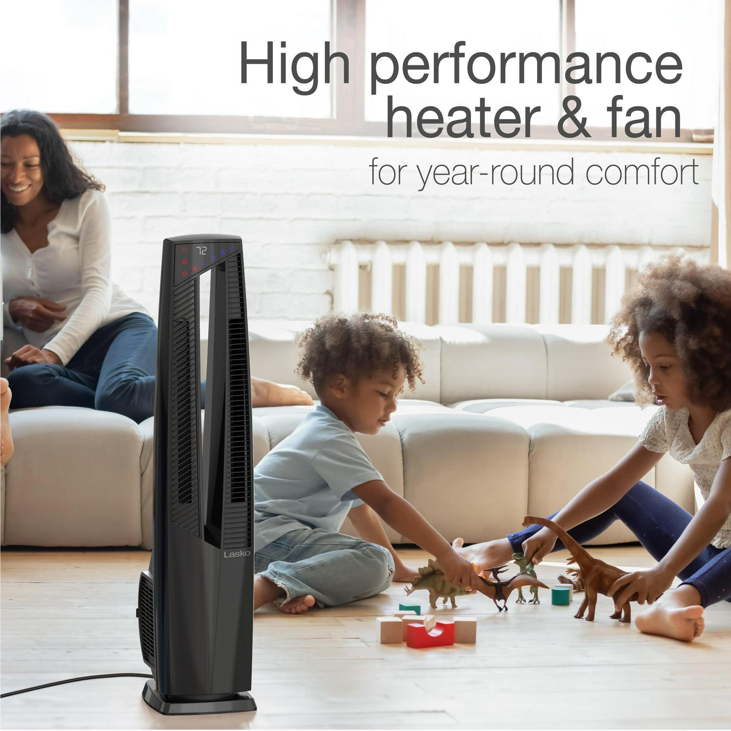 Lasko 1500W Oscillating All Season Electric Tower Fan and Space Heater with Remote， FHV801， Black