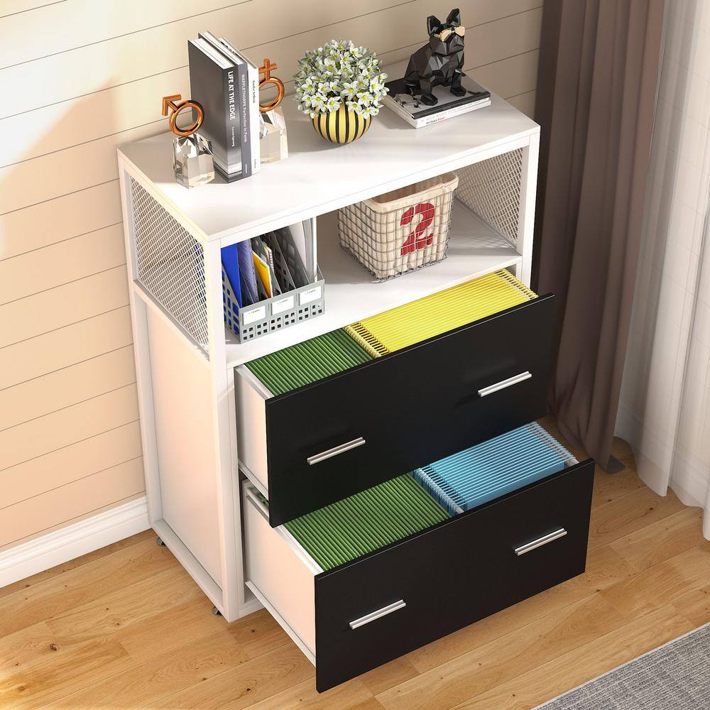 BYBLIGHT Atencio White File-Cabinet with Lock 2-Drawer Open Storage Shelves BB-C0342XF