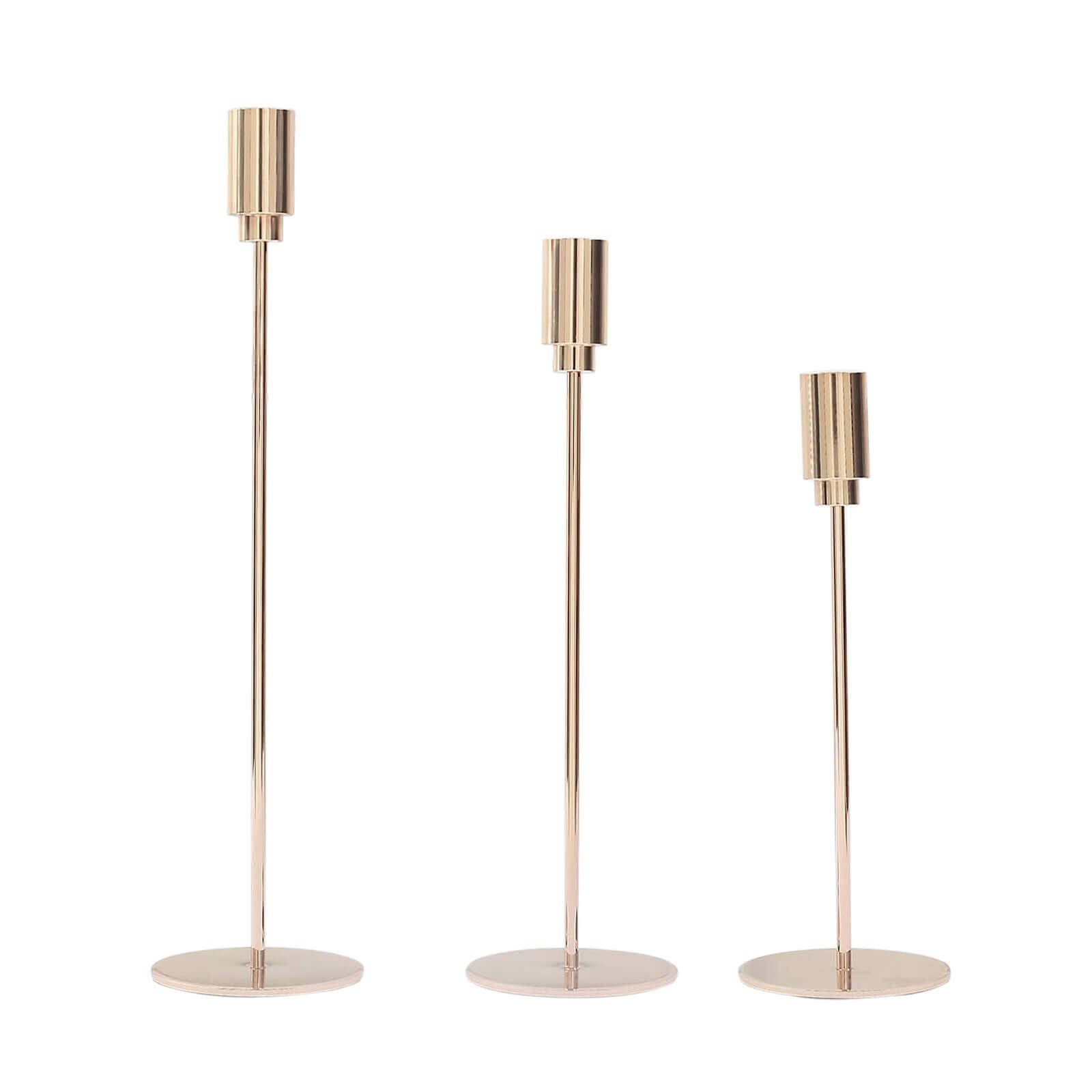 Set of 3 Gold Metal Taper Candle Stands With Round Solid Base, Decorative Candlestick Holder Set 9