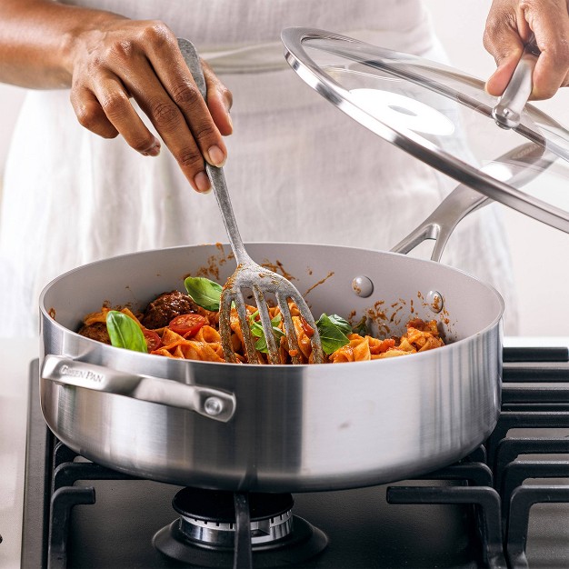 Greenpan Venice Pro Tri ply Stainless Steel Ceramic Non Stick 5qt Saut Pan With Helper Handle amp Lid Vibrant Silver