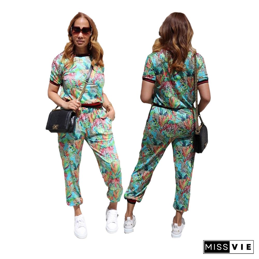 High Quality Fashion Women Print O Neck Short Sleeve T Shirt Tops Long Pants Two Piece Tracksuit Sets