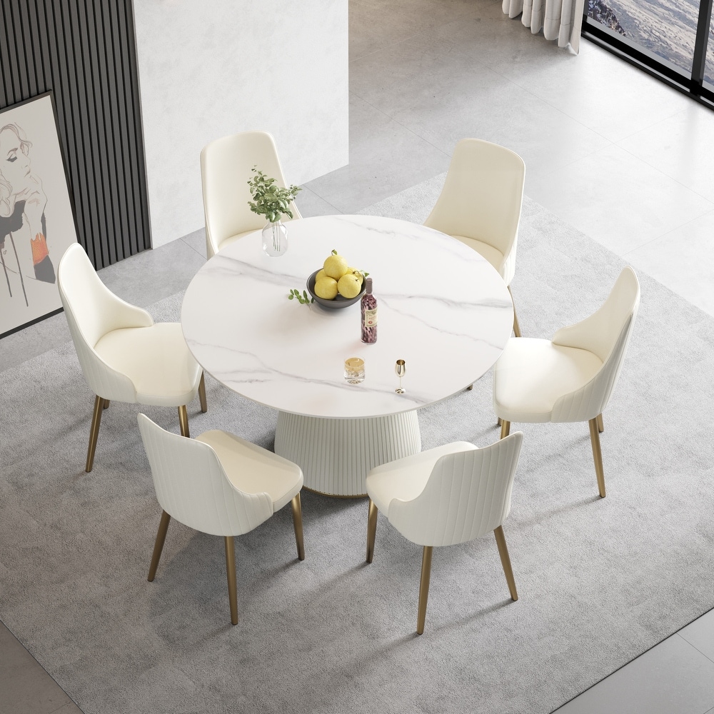 53'' Modern Round Dining Table  Marble Kitchen Table with Sintered Stone Tabletop and Steel Leather Base   N/A