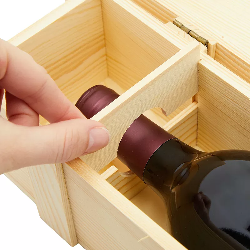 Wooden Wine Crate with Hinged Clasp for Single Bottle， Pinewood VINO Gift Box (13.8 x 4 x 3.9 In)