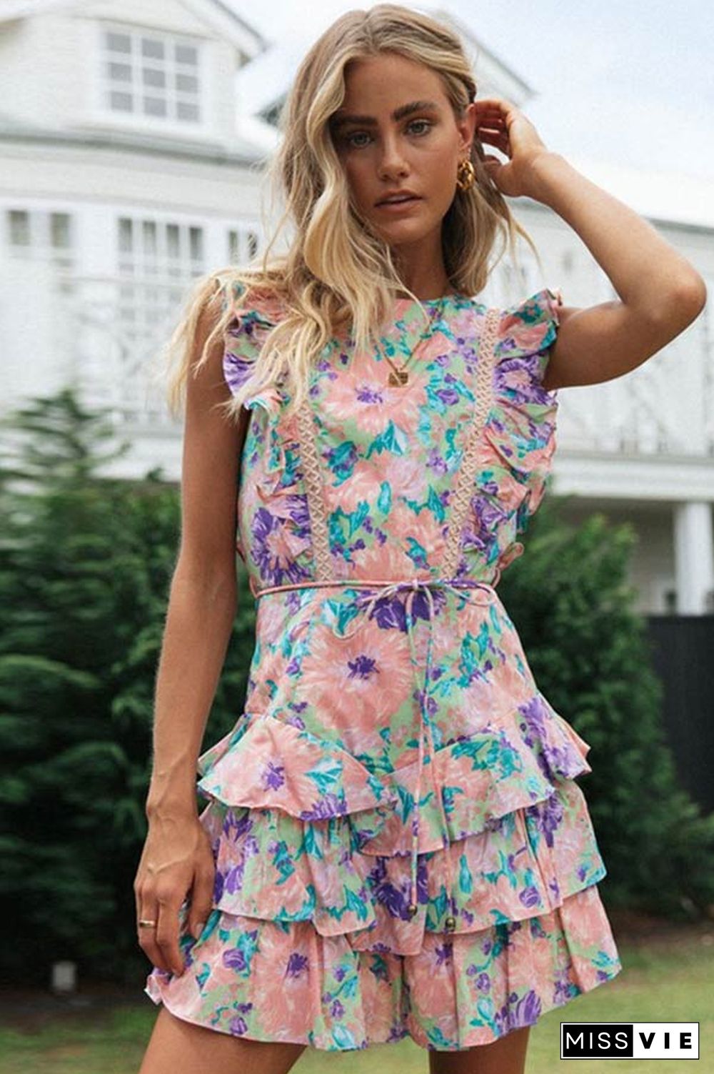 Sexy Floral Print Ruffle Backless Dress