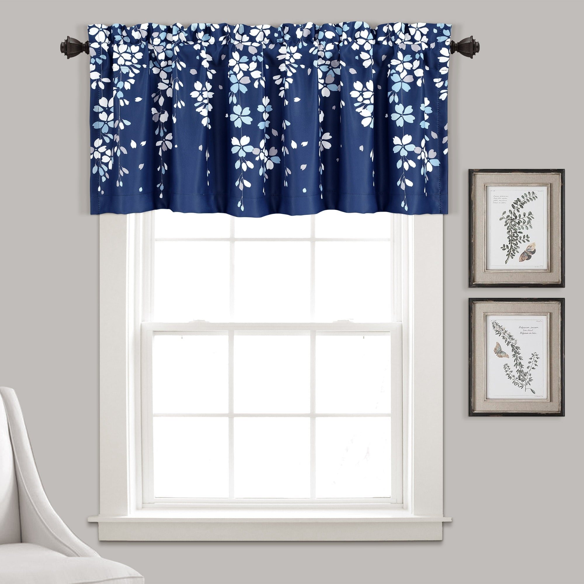 Lush Decor Weeping Flower Room Darkening 18" x 52" + 2" Header Floral Navy 3" Rod Pocket Single Valance