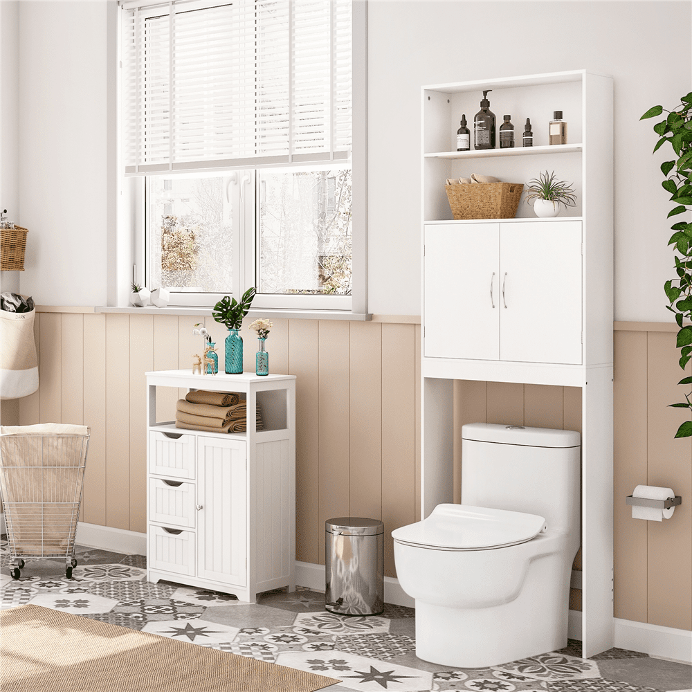 Yaheetech Free-Standing Over-the-Toilet Storage with Doors and Shelves for Bathroom, White