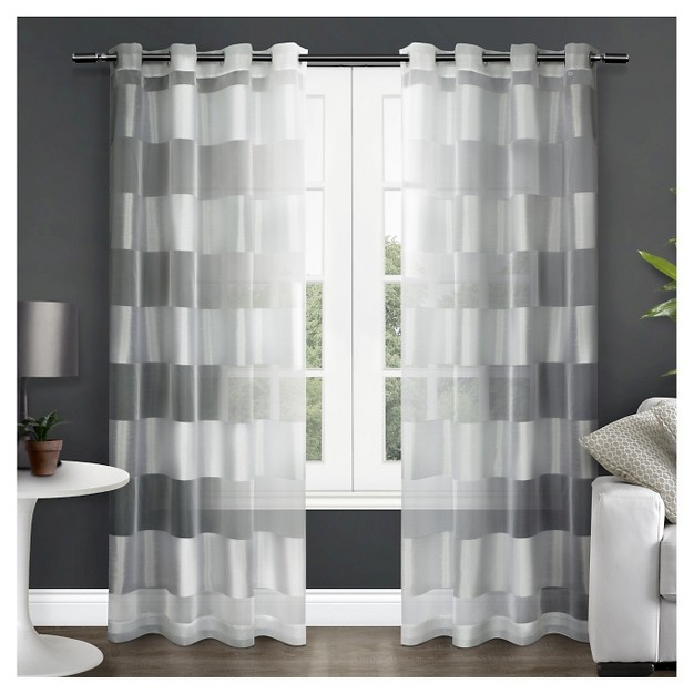 Set Of 2 Navaro Striped Sheer Grommet Top Window Curtain Panels White Exclusive Home