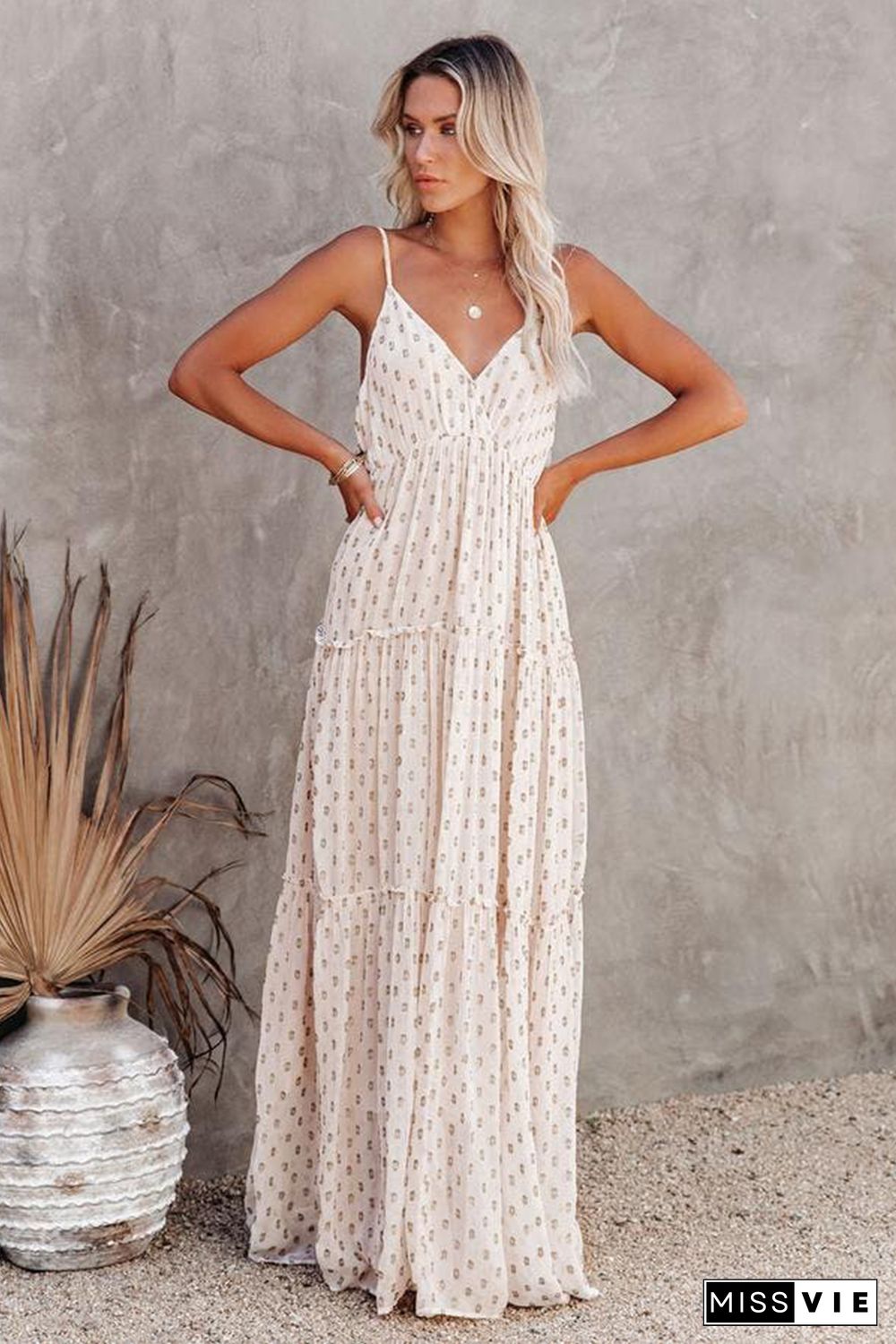 Beige Pattern Print Tiered Ruffled Spaghetti Strap V Neck Maxi Dress