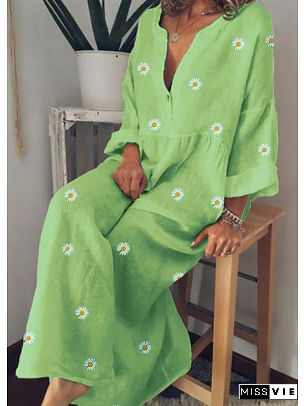 Women's A-Line Dress Maxi long Dress Long Sleeve Floral Floral Spring Summer Cotton Yellow Green Light Blue M L XL XXL 3XL 4XL 5XL