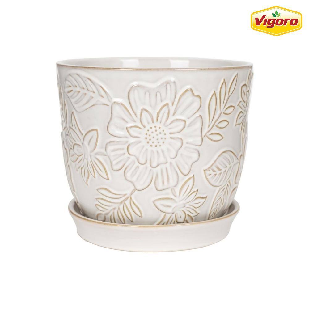 Vigoro 9.3 in. Lorelai Medium White Floral Ceramic Pot (9.3 in. D x 8.1 in. H) with Drainage Hole and Attached Saucer 527408