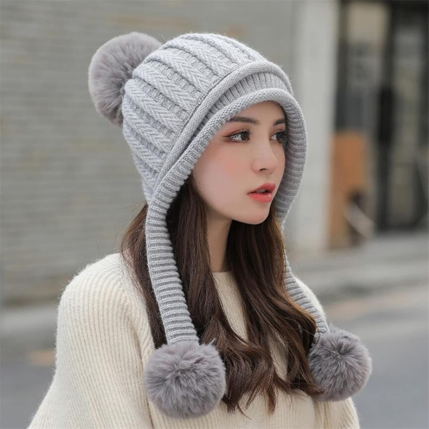 Women Winter Beanie Hat Peruvian Circle Scarf Set Ski Ear Flaps Caps Dual Layered Fleece Lined Pompoms E1925-gray -