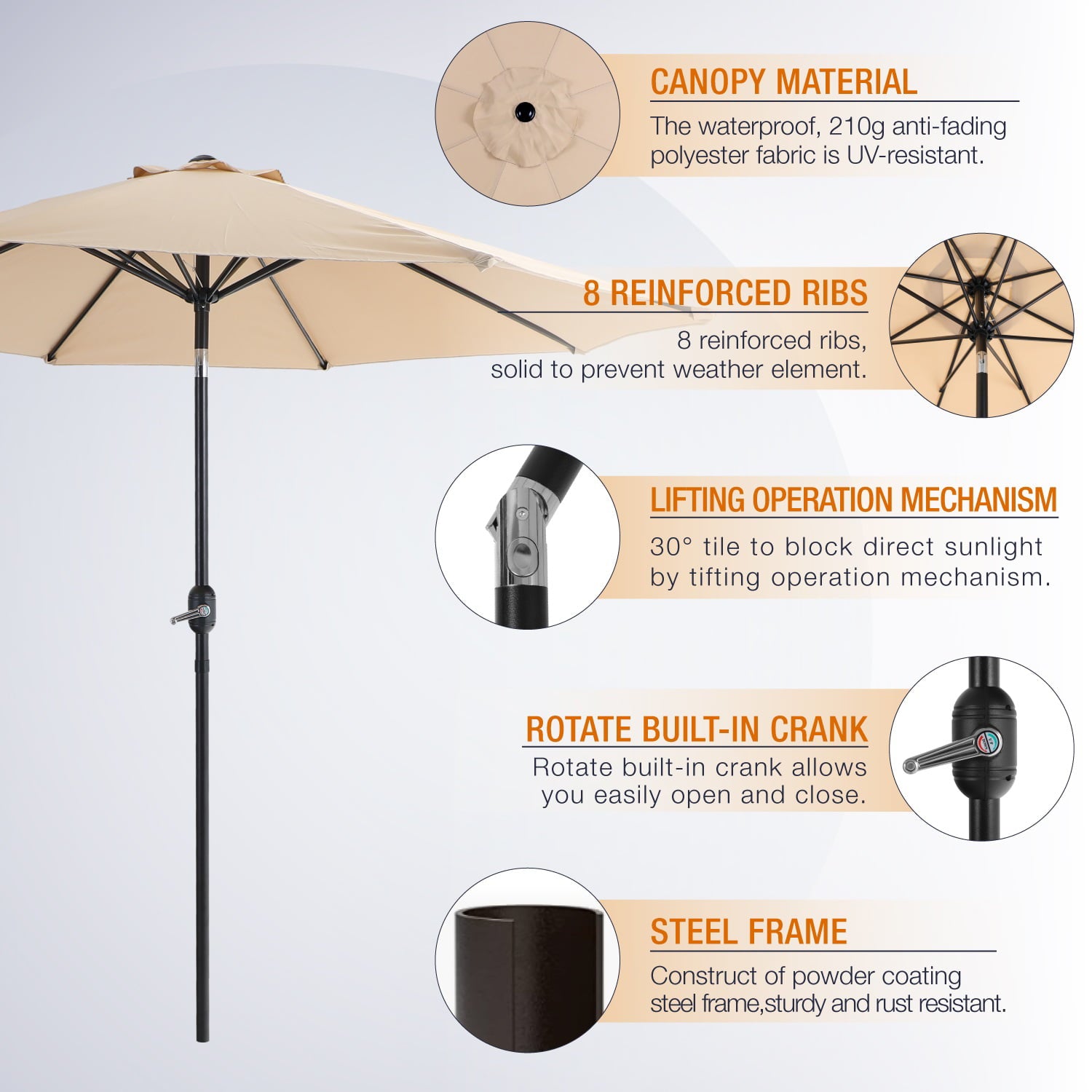 MF Studio 9ft Patio Umbrella with 8 Sturdy Ribs with Push Button Tilt/Crank Outdoor Market Table Umbrellas, Beige