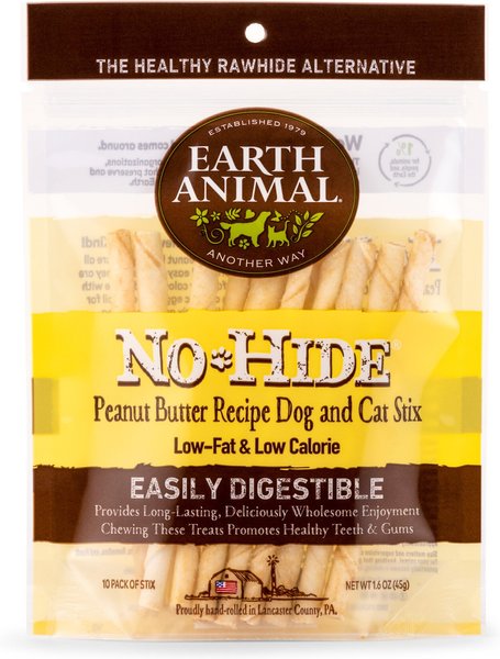 Earth Animal No-Hide Long Lasting Natural Rawhide Alternative Peanut Butter Recipe Stix Chew Dog and Cat Treat Sticks， 10 count