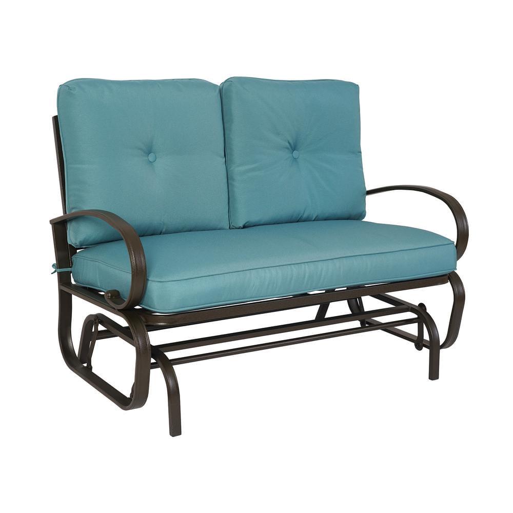 KOZYARD Wrought Iron Metal Rocking Love Seats Glider Swing BenchRocker for Patio Yard with Blue Cushion and Sturdy