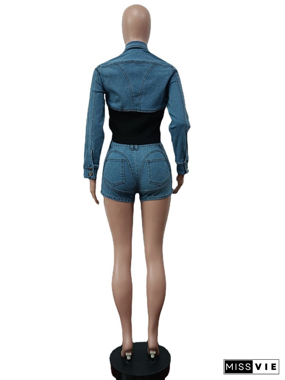 Denim Patchwork Jackets Shorts Two Piece Set