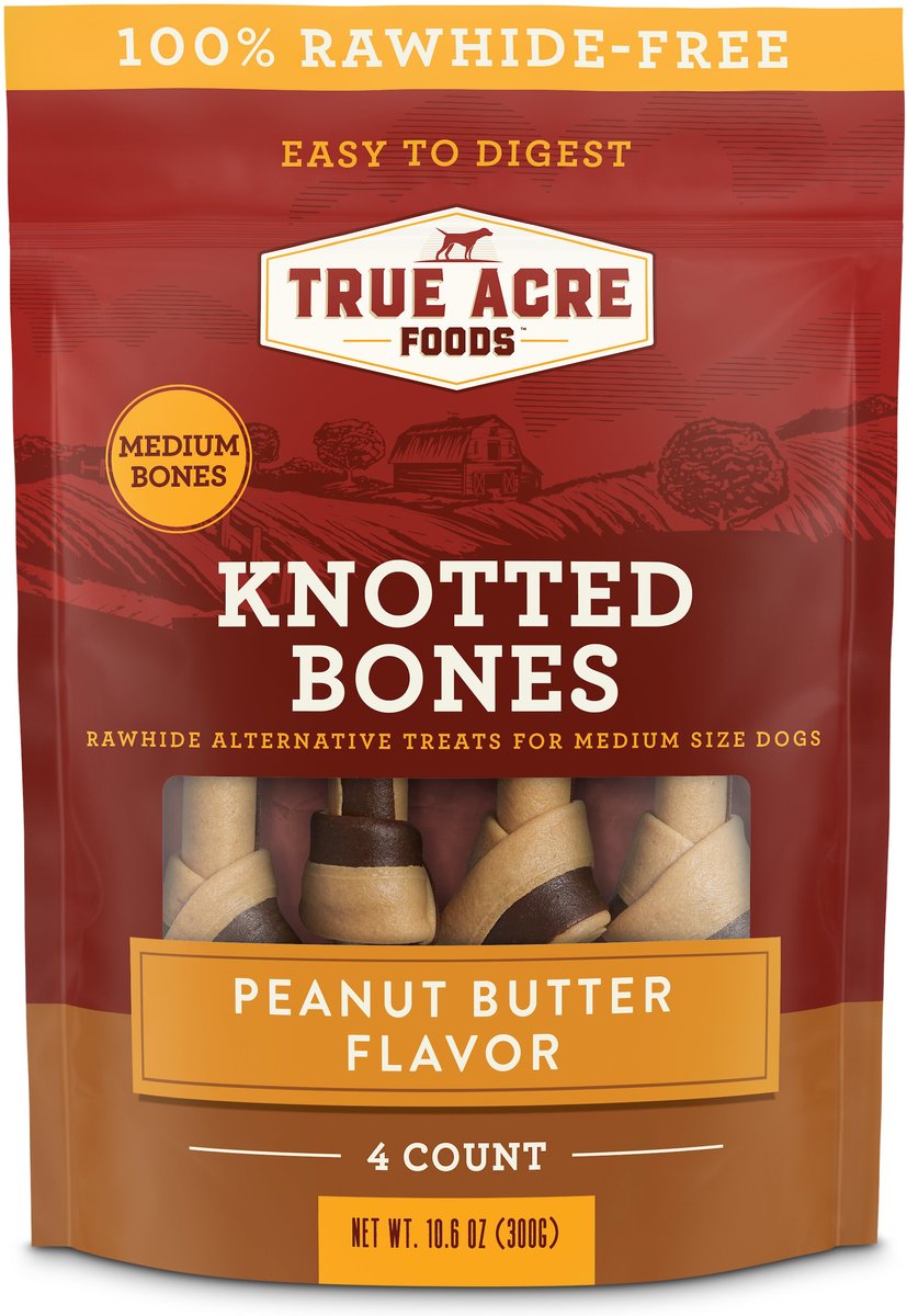 True Acre Foods Rawhide-Free Knotted Bones Peanut Butter Flavor Treats， Medium， 4 count