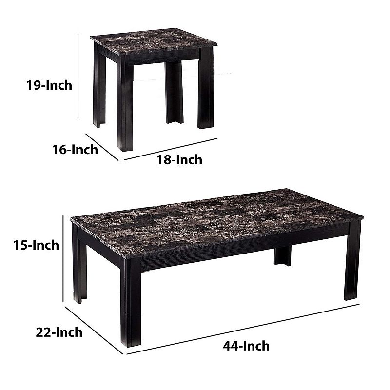 Impressive 3 piece occasional table set with marble top， black