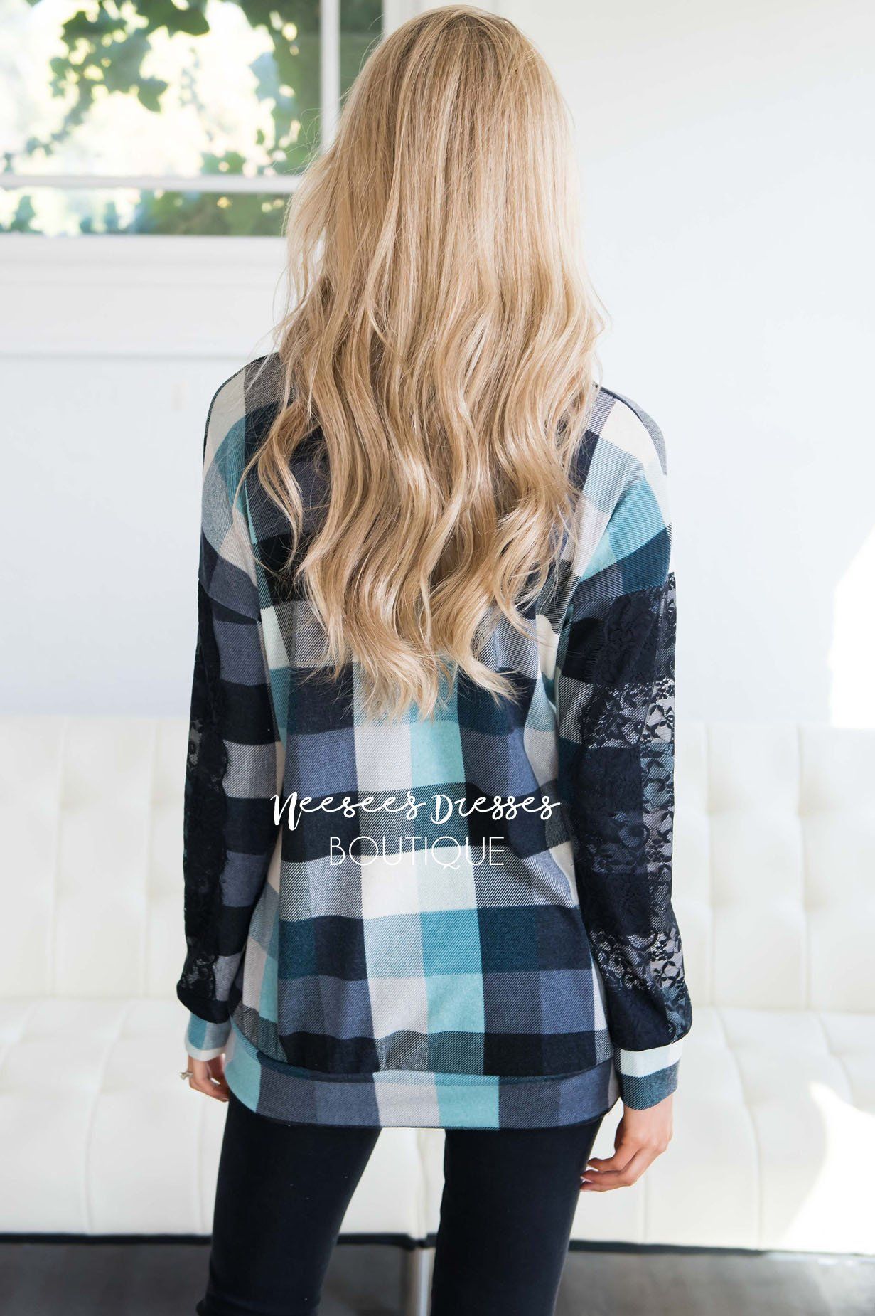 Aqua & Black Plaid Lace Sleeve Sweater