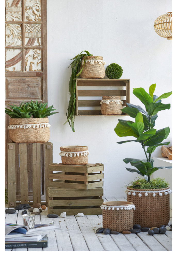 Rattan Detail Planter or Plant Stand  Natural/White   Tropical   Outdoor Pots And Planters   by Lighting New York  Houzz