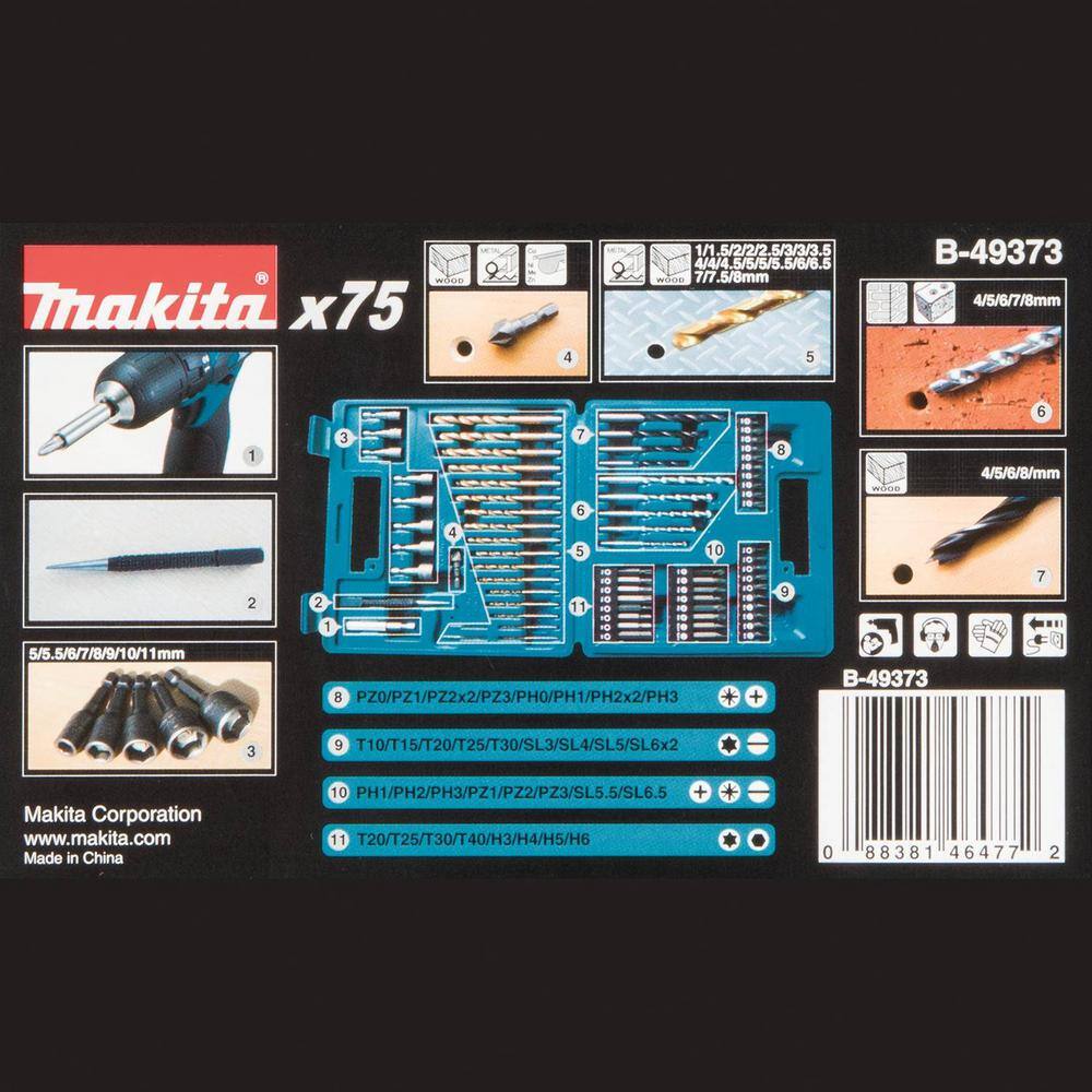 Makita Metal Wood Masonry Straight Shank Metric Drill and Screw Bit Set (75-Piece) B-49373