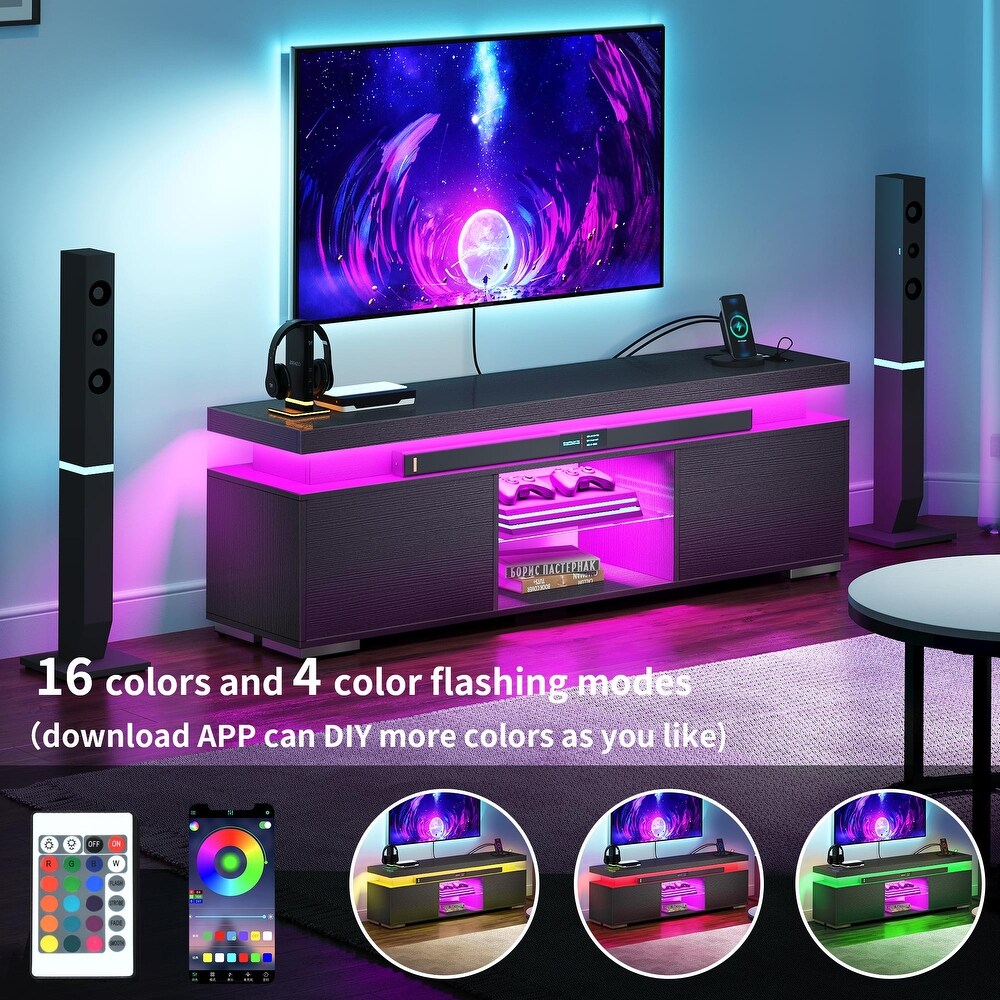 Modern LED Entertainment Center TV Stand Media Console with Power Outlets USB Port