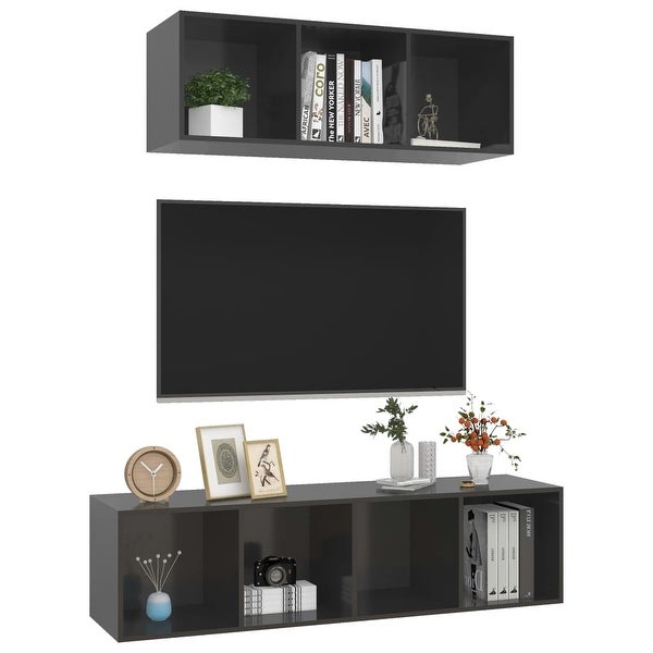 2 Piece TV Cabinet Set High Gloss Gray Engineered Wood