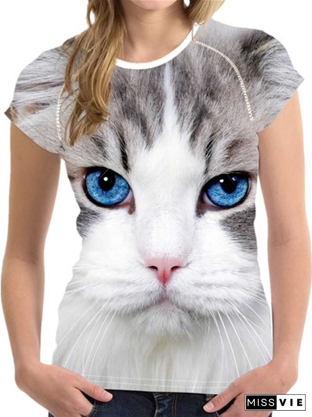 Women's Fashion Summer Casual Short Sleeve Round Neck 3d Printed T-shirt Cute Funny Printing Cat Shirt Tops