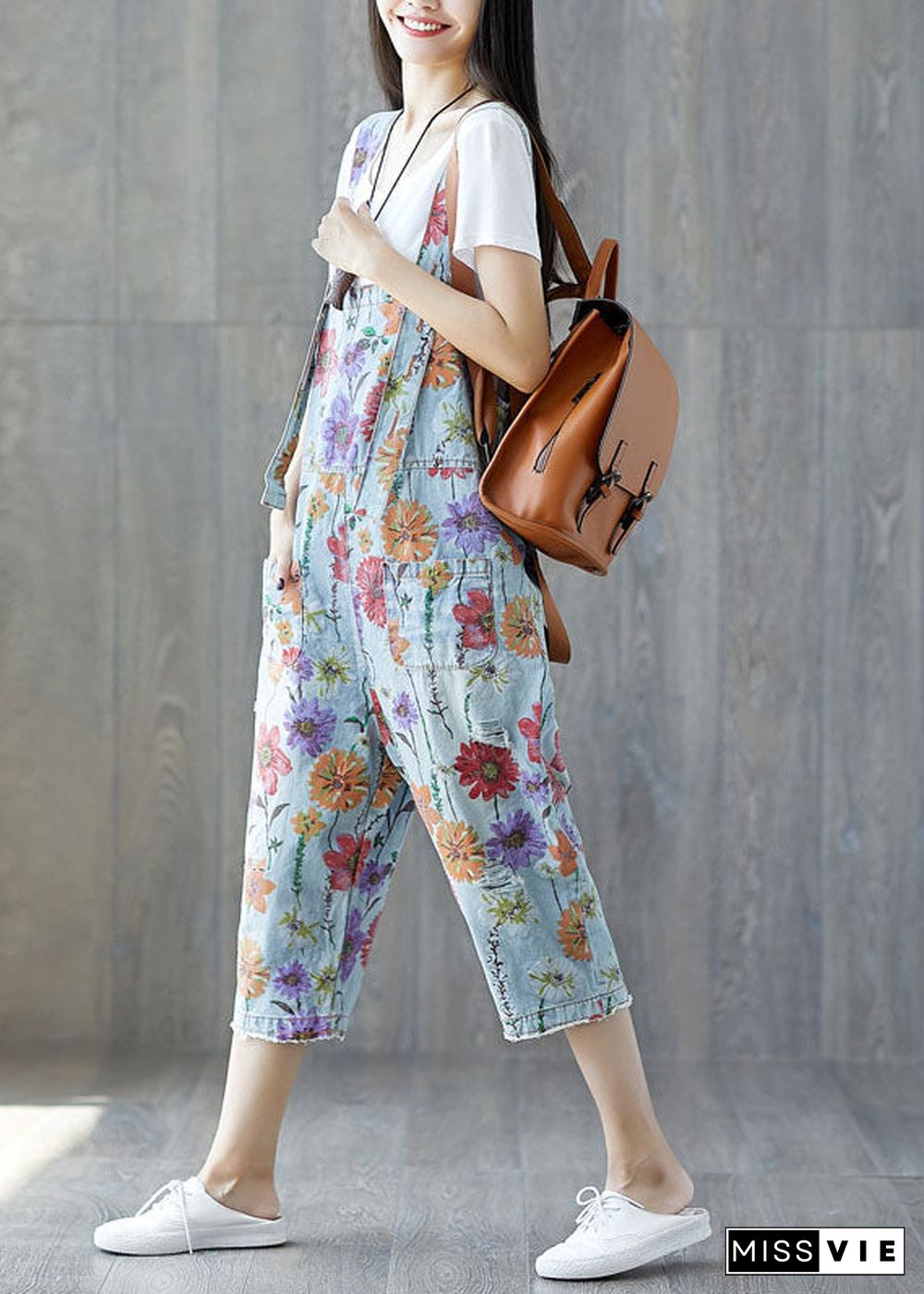 Classy light Blue pockets Floral Denim Jumpsuit