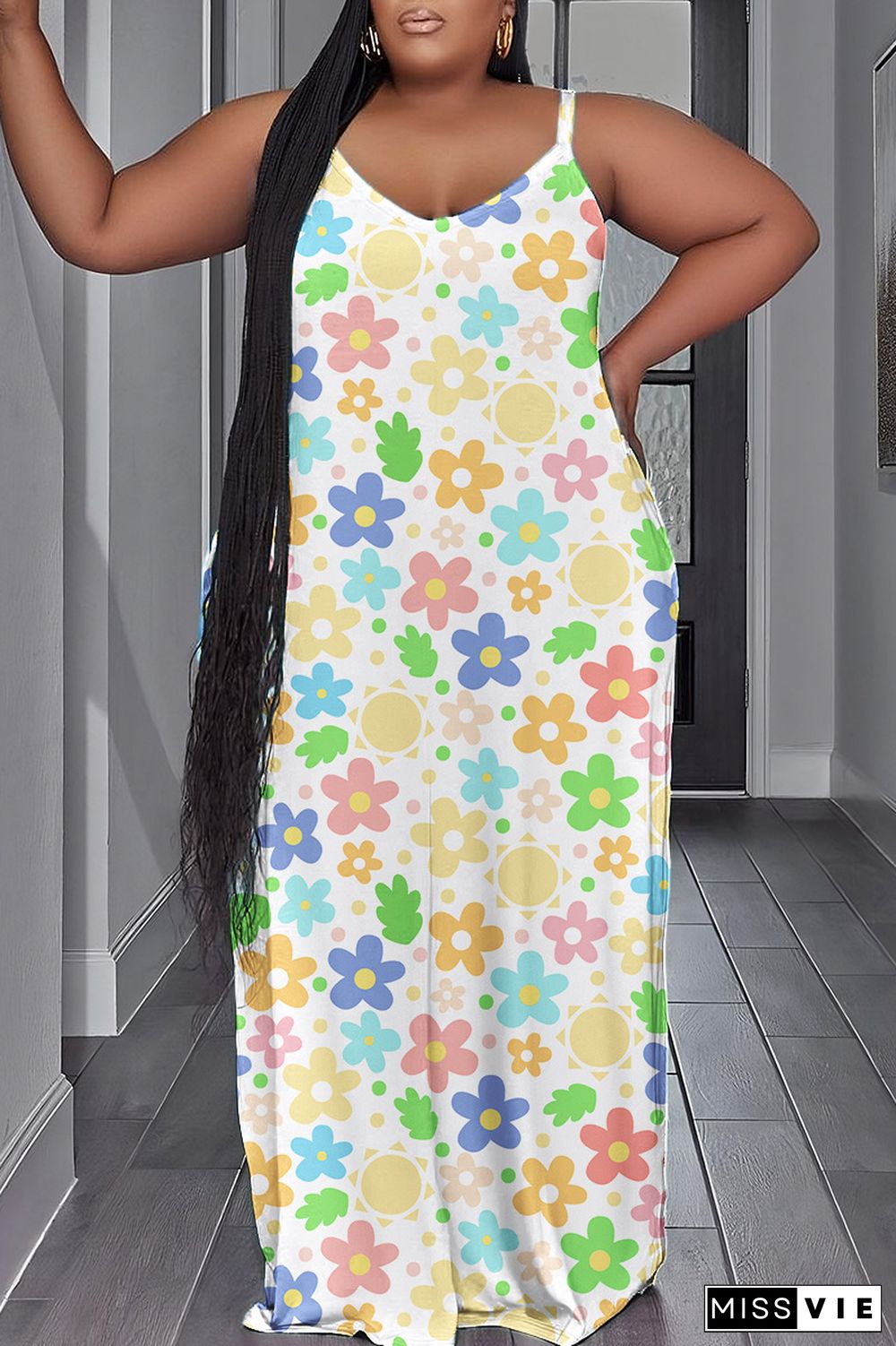 Pink Green Sexy Casual Print Backless Spaghetti Strap Long Dress Plus Size Dresses