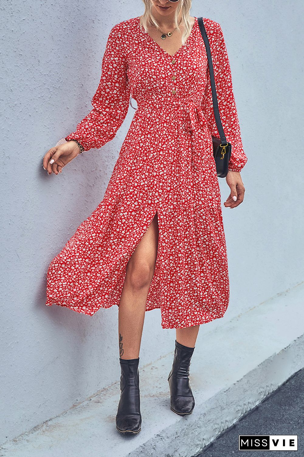 V Neck Button Down High Waist Split Floral Dress