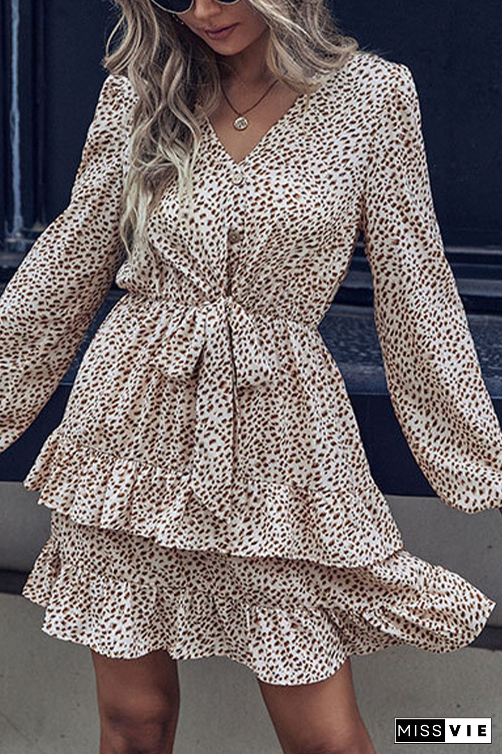 Spot Print V Neck Button Down Front Tie Mini Dress