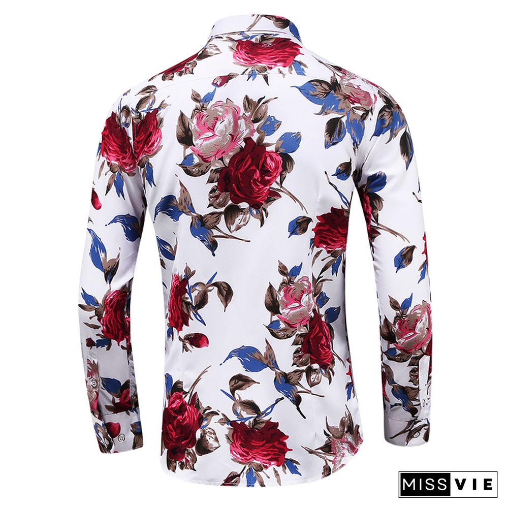 Autumn Men Slim Floral Print Long Sleeve Shirts Fashion Brand Party Holiday Casual Dress Flower Shirt Homme Plus Size 7XL