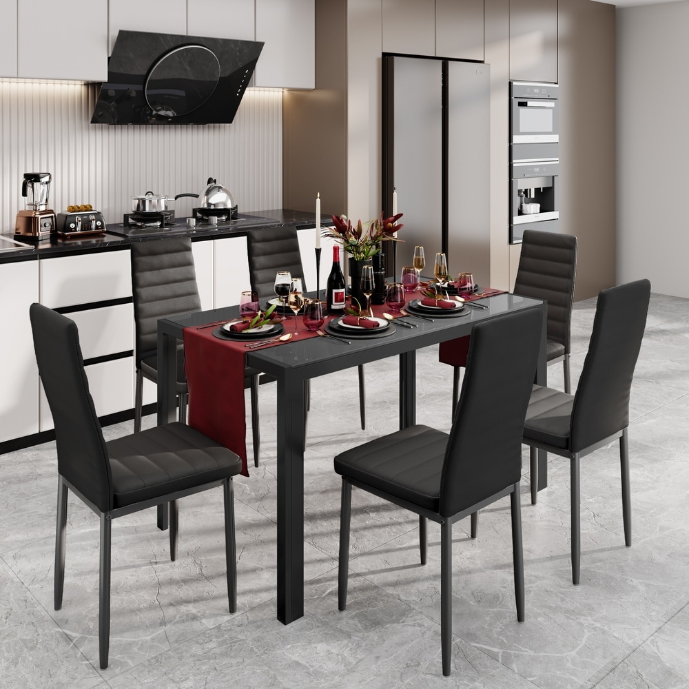 7 Piece Glass Dining Table Set for 6 with High Back PU Leather Chairs